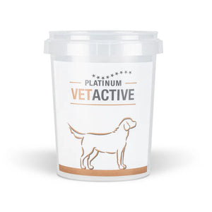 Bela plastična posoda z napisom Merilna posodica Vetactive proizvajalca VETACTIVE, s preprosto rjavo obrisno ilustracijo psa in prozornim pokrovom.