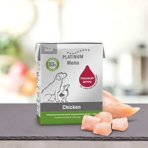 Škatla PLATINUM Poskusni paket različnih okusov Mokre Hrane za Pse stoji na pultu v bližini majhnih koščkov pasje hrane. Na embalaži so prikazane ilustracije hišnih ljubljenčkov in informacije o hranilni vrednosti v nemščini in angleščini; ozadje je zamegljeno.