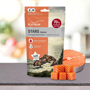 Vrečka PLATINUM Salmon Stars 185 g - nagrada iz svežega lososa, ki jo bo tvoj pes oboževal - stoji na mizi poleg koščkov surovega lososa in razgleda na obalo, kot nalašč za nagrajevanje psa s kakovostnimi priboljški.