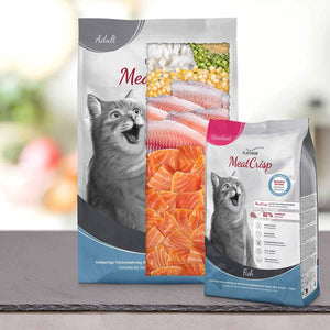 Dve embalaži PLATINUM Paket različnih okusov Suhe Hrane za Mačke, vsaka z veselo sivo mačko in plastmi rib, graha, koruze in sveže meso na embalaži, sta postavljeni na sivo površino, pri čemer je večja embalaža za manjšo.